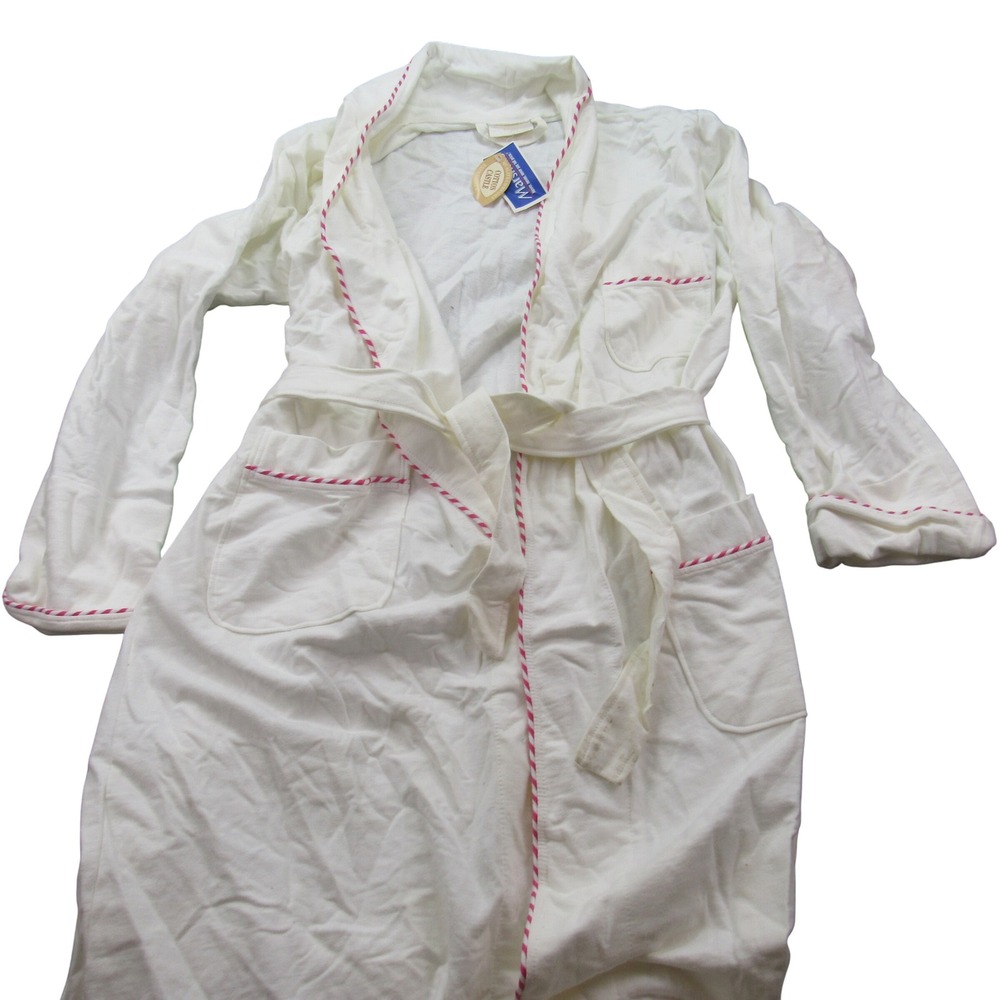 Cotton Castle Turkish Bath Robe‎ Women's White Pink Trim Tie Waist Size L